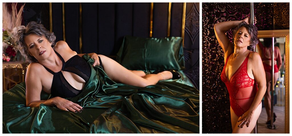 Woman smiling in soft window light during a boudoir session at Le Boudoir Studio in Tempe, AZ 