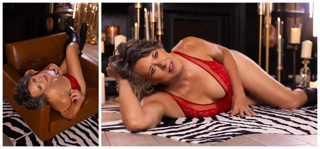 woman in red lingerie bodysuit in library photography set