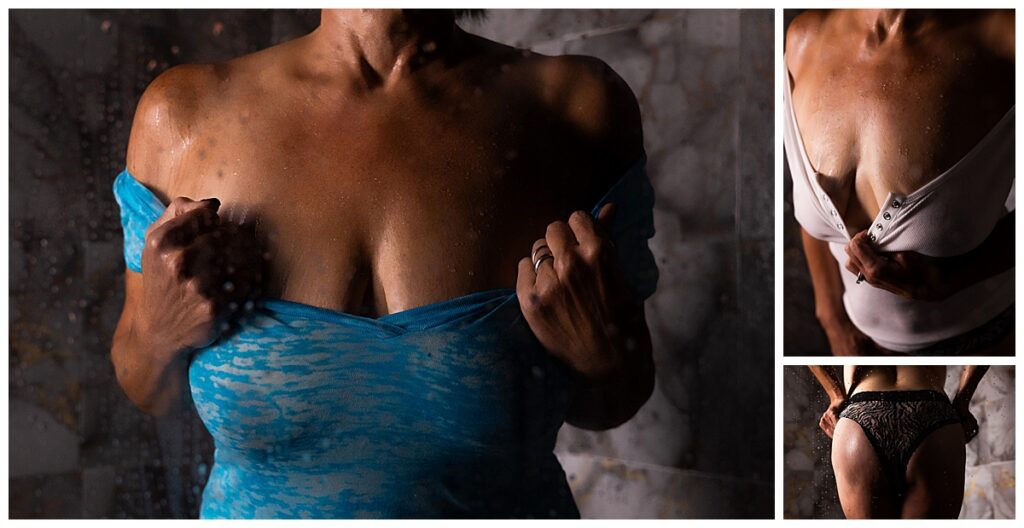 Shower boudoir portraits of a woman during session in Phoenix
