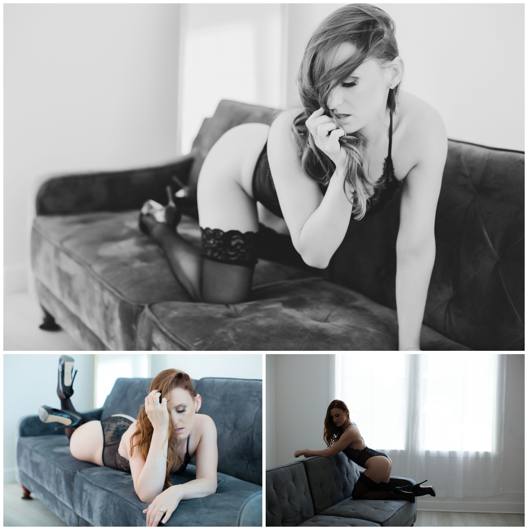 Black and White Boudoir Photography on Gray Couch in Phoenix by Le Boudoir Studio